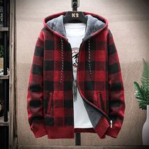 Mens Hooded Cardigan New Winter Plaid Sweater Fleece Warm C