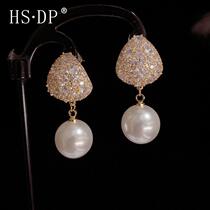French high-end unique micro-encrusted zirconium droplet hanging pearl earrings for women s925 silver needle niche design earrings