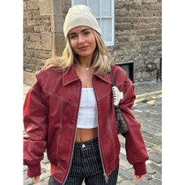 Women Chic Contrast Stitching Red Jacket Fashion Lapel Long