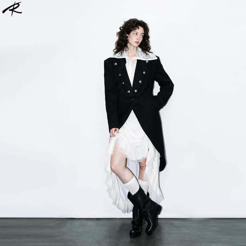 Rip the Tie Swallowtail Napoleon Woolen Trench Coat Medieval Dark Retro Suit Shoulder-Padded Coat