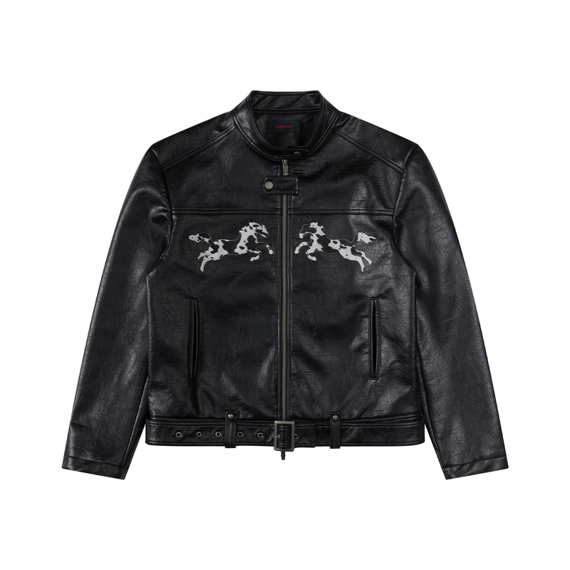 Sgwcult "Leap Horse Family" Cowhide Pattern Horsehair Patchwork Embroidered Stand Collar Short Biker Leather Jacket Sgwcult "Leap Horse Family" Cowhide Pattern Horsehair Patchwork Embroidered Stand Collar Short Biker Leather Jacket