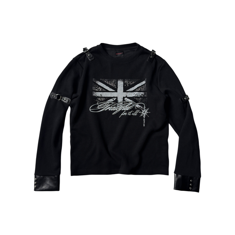 Saxgenwon'Sgw' Union Jack Flag Metal Buckle Patchwork Punk Rivet Print Textured Long Sleeve