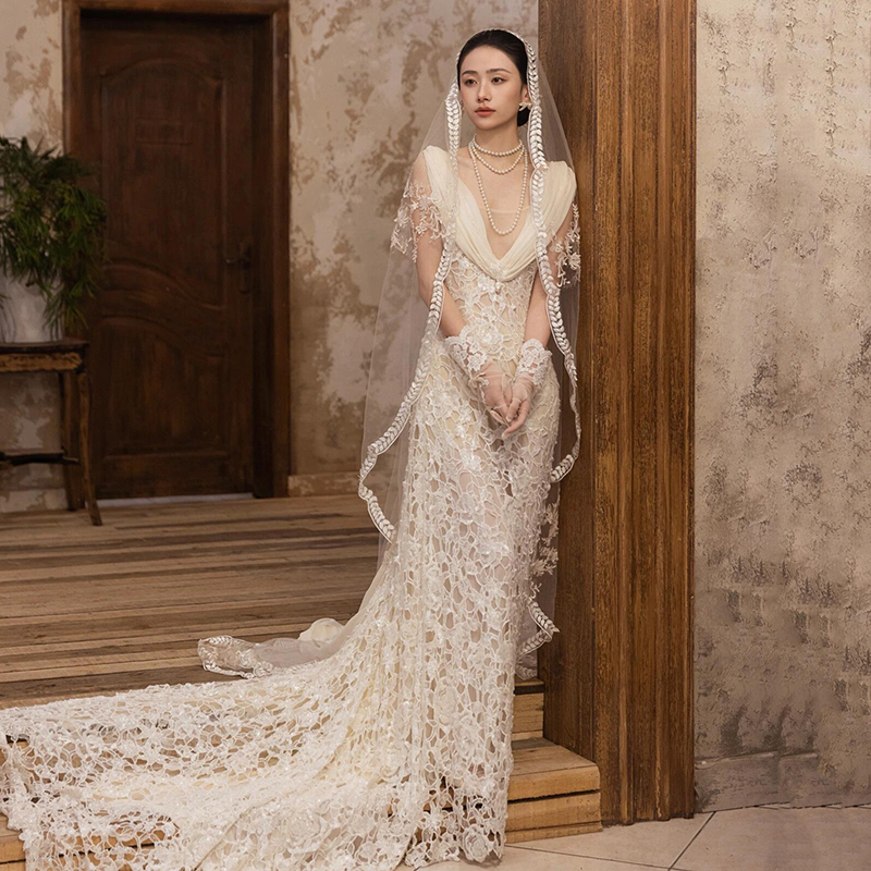French-Style High-End Lace Light Wedding Dress, Bride's Wedding Forest-Style Vintage Fishtail Trailing Gown, Small Train Reception Dress