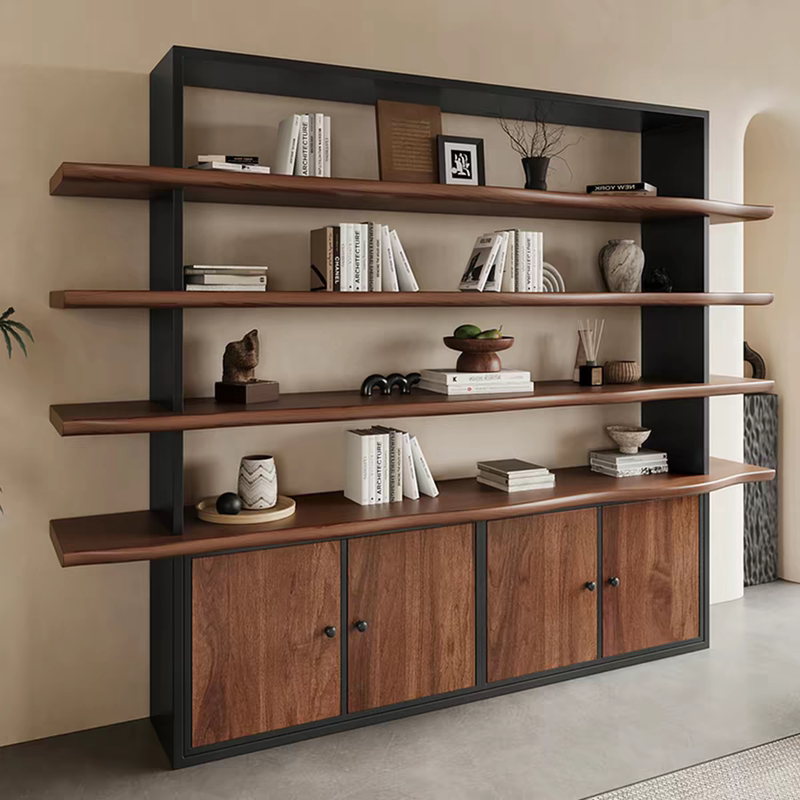 Nordic Solid Wood Bookshelf, Living Room Bookcase, Industrial Style Retro Iron Storage Rack, Floor-Standing Storage Rack, Display Rack