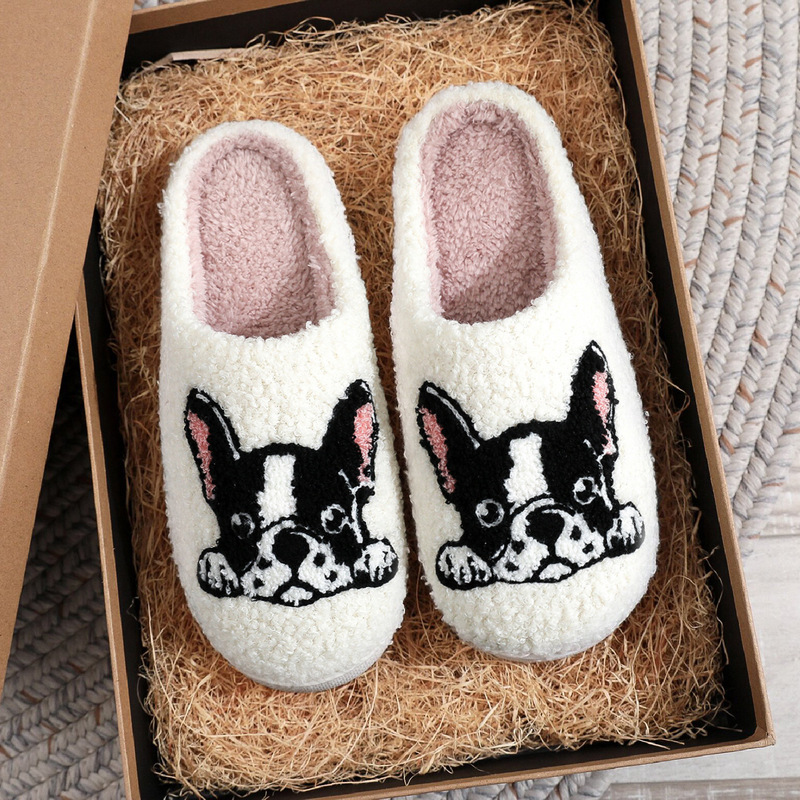 Winter Cute French Bulldog Non-Slip Couple Style Plush Closed-Toe Thick-Soled Comfortable Indoor Super Warm Cotton Slippers