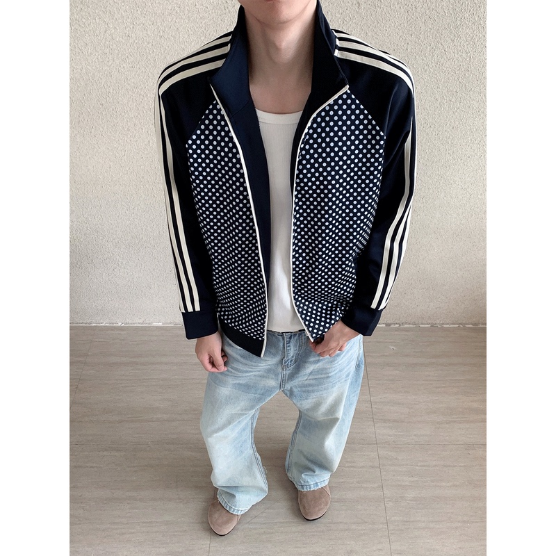 Chapter1 American Street Style Polka Dot Stand Collar Jacket for Men and Women Cleanfit Short Sports Casual Raglan Jacket Chapter1 American Street Style Polka Dot Stand Collar Jacket for Men and Women Cleanfit Short Sports Casual Raglan Jacket