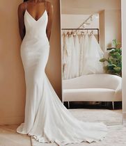 Modern Simple Satin Wedding Dress V-neck Spaghetti Straps Ba