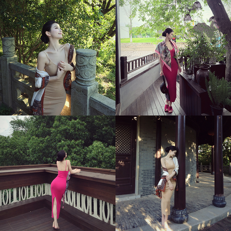 Fiala High-End V-Neck Spaghetti Strap Dress with Back Slit, Slim Fit, Bodycon Knit Dress, Long Dress with Shawl, Fashionable Fiala High-End V-Neck Spaghetti Strap Dress with Back Slit, Slim Fit, Bodycon Knit Dress, Long Dress with Shawl, Fashionable