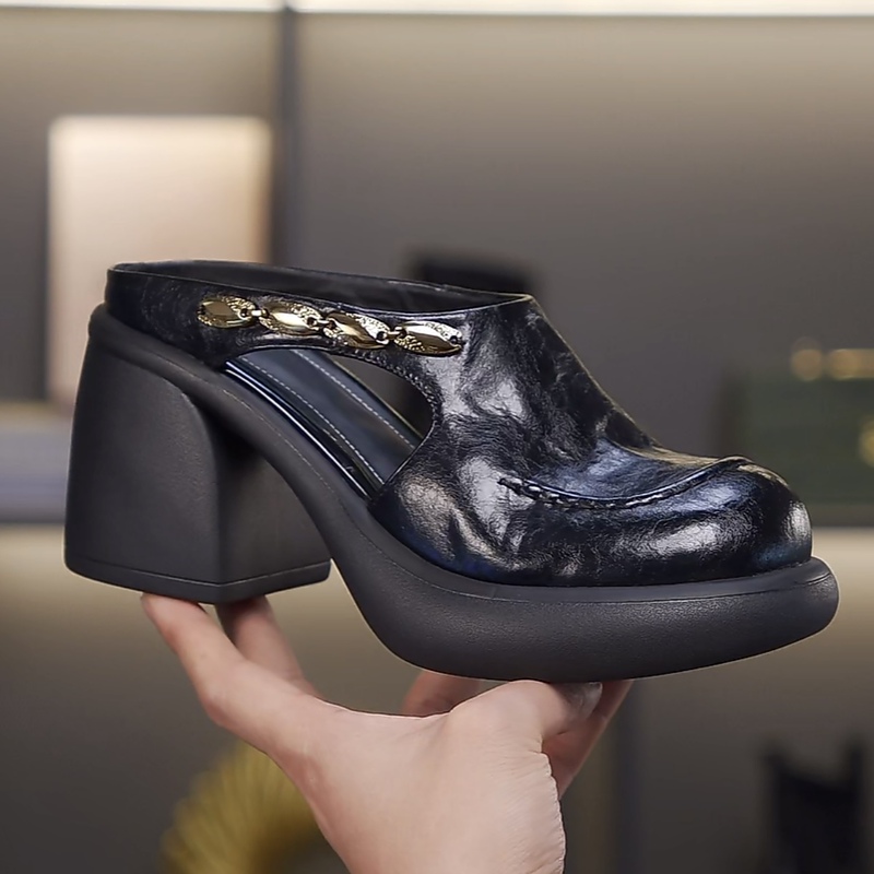 Cowhide/8Cm/Spring and Summer Height-Increasing Chunky Heel Versatile Women's Thick-Soled Mule Half-Slipper Round Toe Comfortable Breathable Fashionable