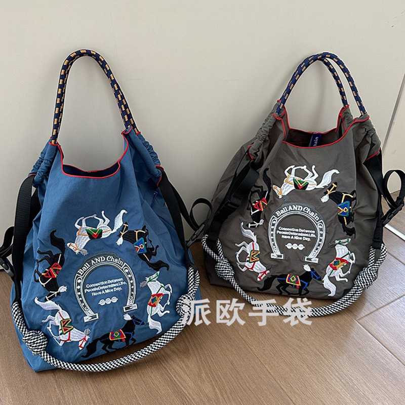Ball Chain Horse Year Mascot Bag Embroidered Horse Eco-Friendly Shopping Bag Embroidered Nylon Bag Single Shoulder Crossbody for Women