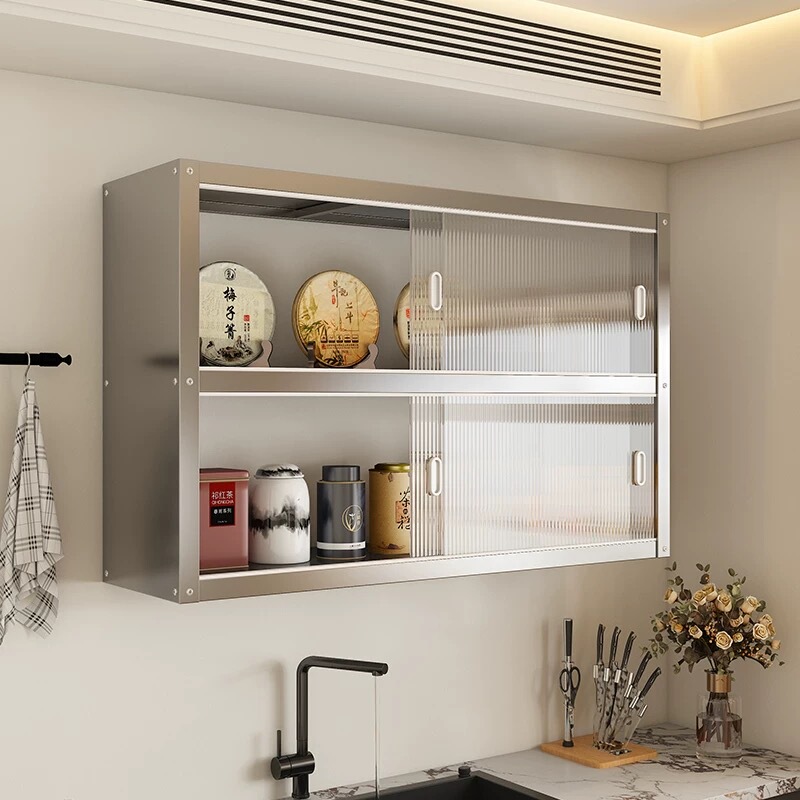 Kitchen Storage Rack Stainless Steel Wall-Mounted Wall Cabinet Suspended Wall Storage Sliding Door Cabinet Hanging Cabinet Wall-Mounted Cabinet