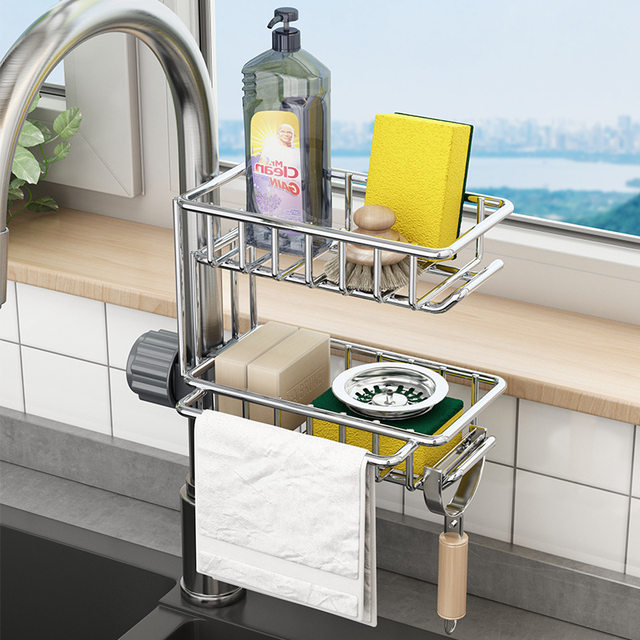 Stainless Steel Kitchen Faucet Rack, Dishwashing Sink Rack, Drain Basket, Sponge Brush, Rag Storage Rack