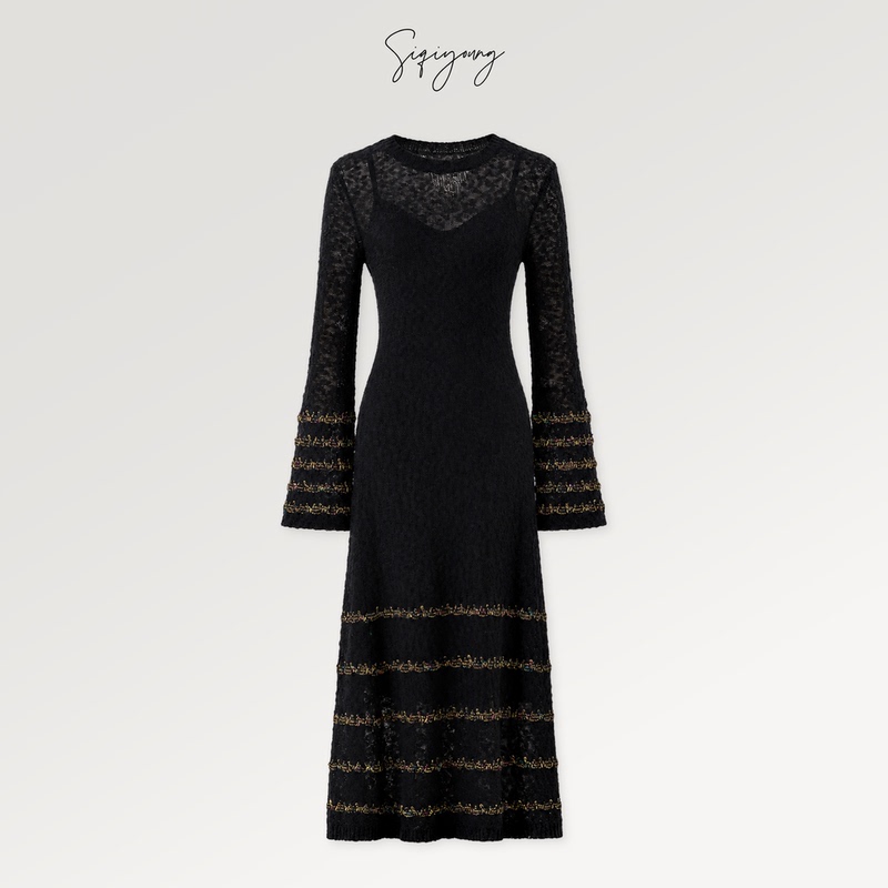 Siqiyoung Paris Flower - Black Gold Thread Hollow-Out Bell Sleeve Dress, Slim Fit, Elegant Long Dress