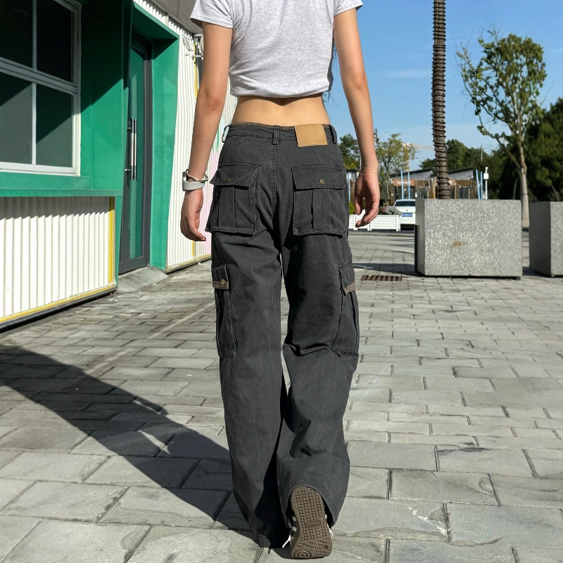 Redfire American Retro Multi-Pocket Gray Cargo Pants Unisex Loose Wide-Leg Straight Casual Pants