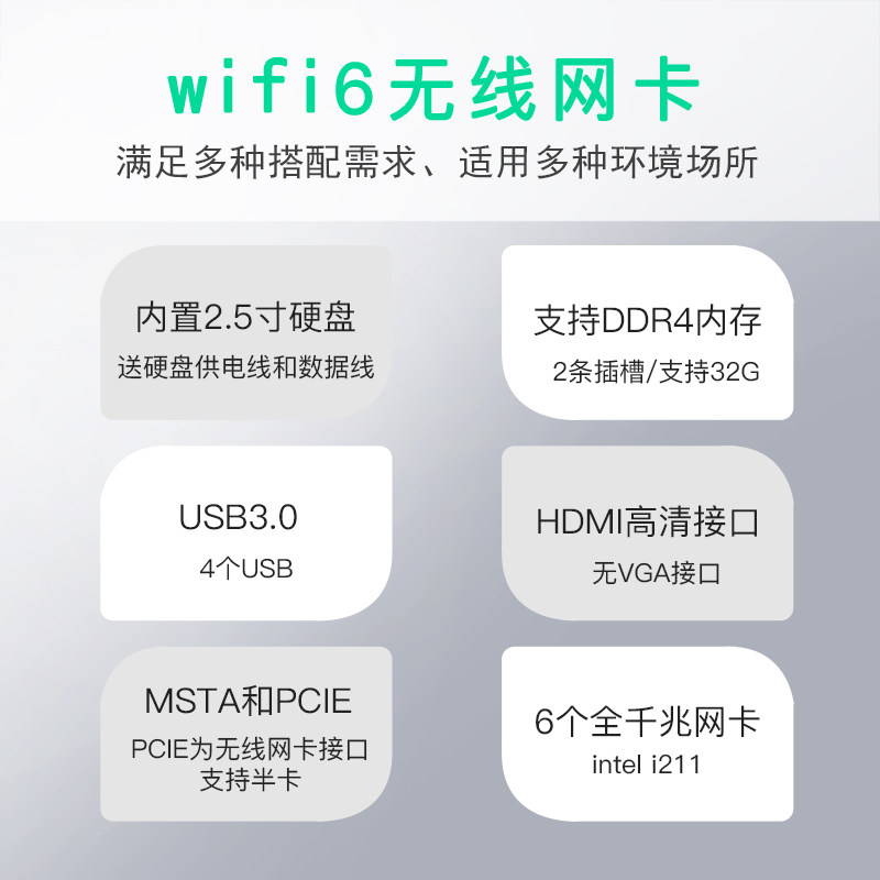 Feisuxun 6-Port 8Th Generation I3-8130/7100U/I5-8250 Gigabit Soft Router Wireless Wifi6 Enterprise Industrial Control Router X86 with Fan