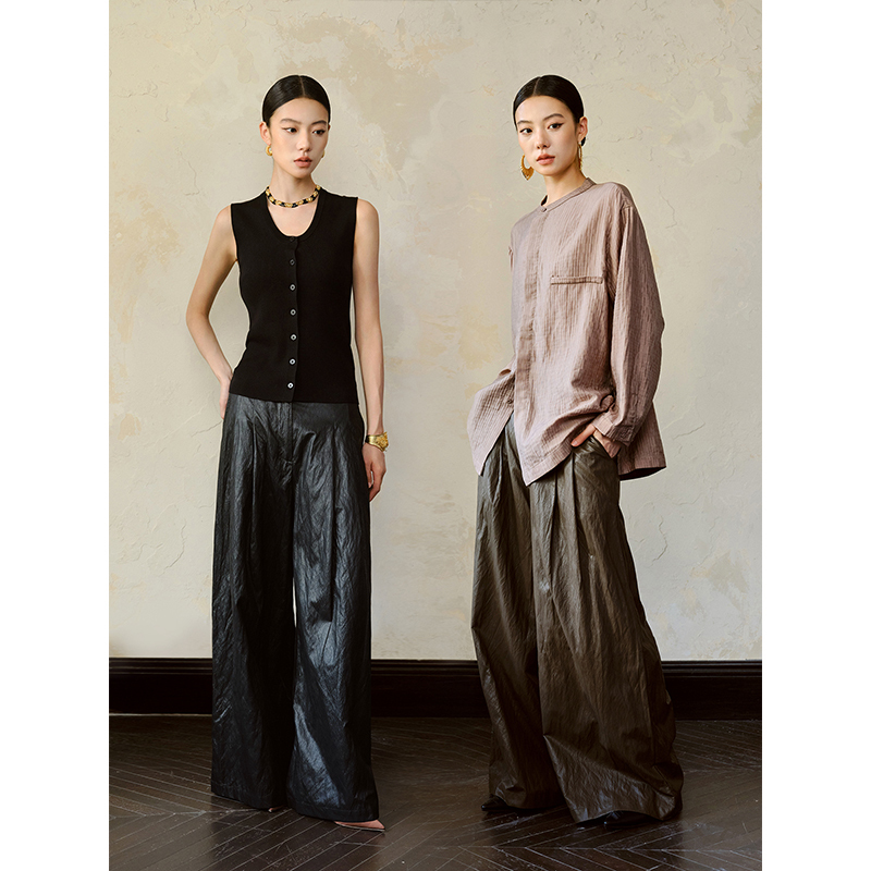 Incoln Loose Wide-Leg Leather Pants for Women with Pleated Texture, Spring and Summer Relaxed Casual Long Pants