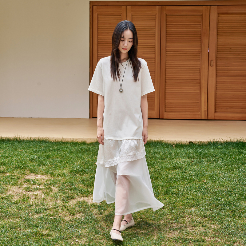 Incoln White Relaxed Short-Sleeve T-Shirt Dress for Women, Summer Lace Hem Patchwork Faux Two-Piece Long Dress