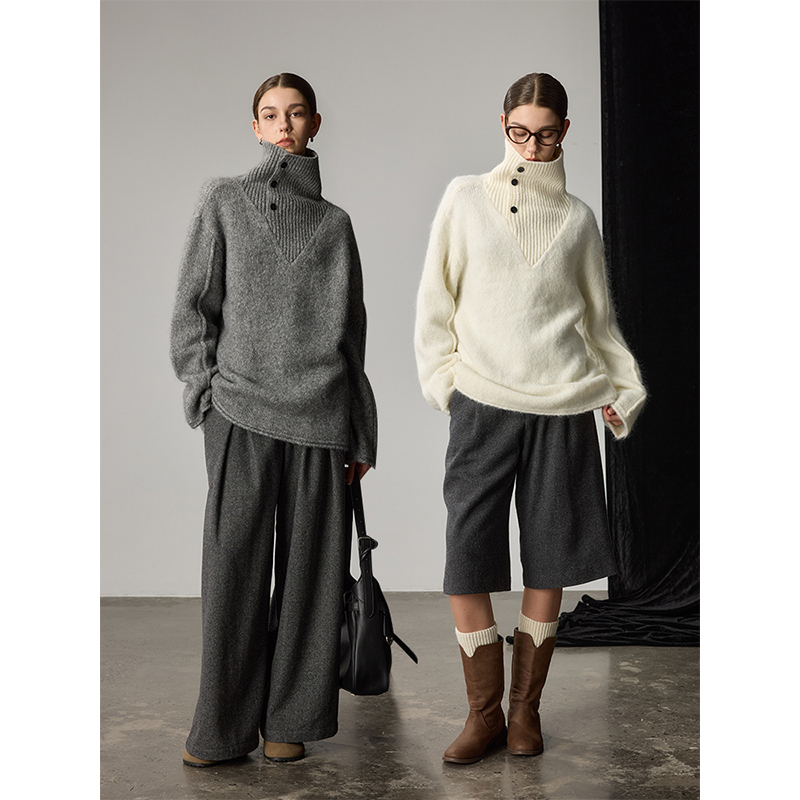 Incoln Mohair Wool Blend Lapel Sweater Women's Autumn and Winter Loose Turtleneck Knit Top