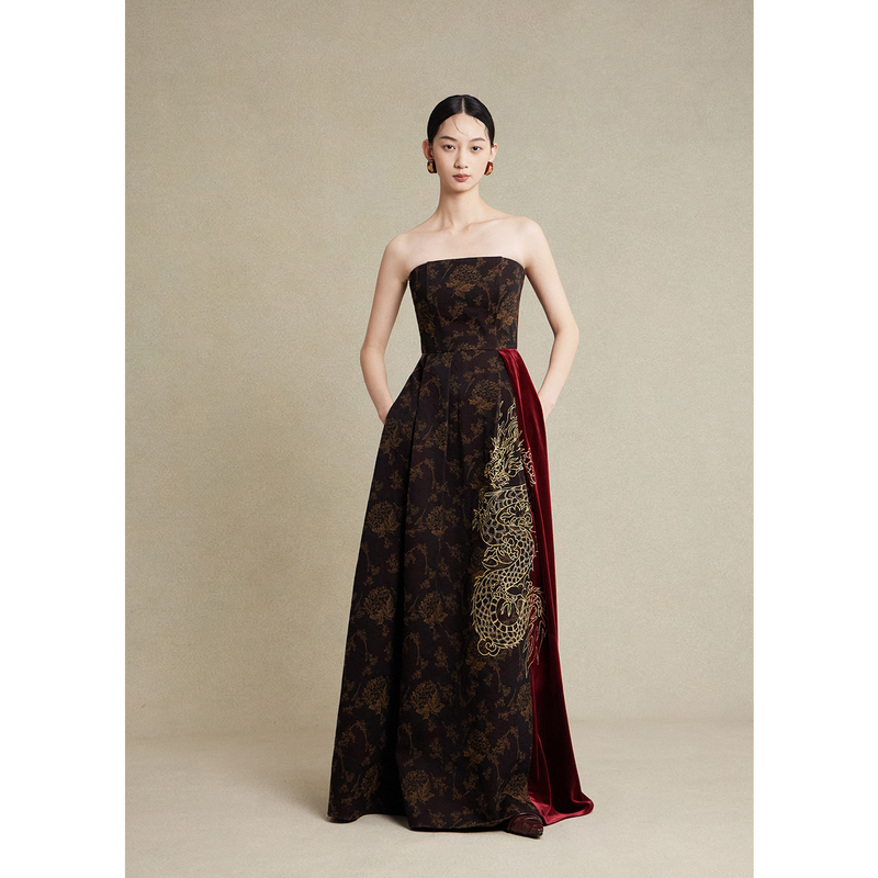 Nian Shier [Hualong] New Chinese-Style Dragon Pattern Embroidery Year of the Dragon National Style Color-Blocking Wool Spliced Velvet Tube Top Dress