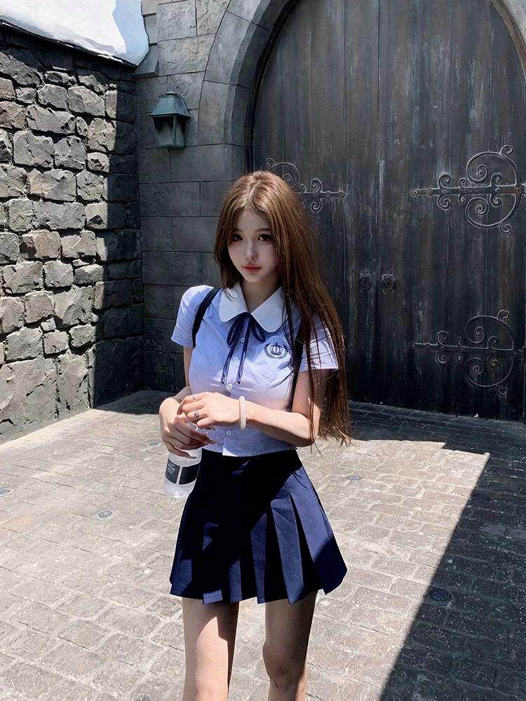 jk制服加工定制 蓝色学院风衬衫百褶裙套装女高级感jk上衣短裙两件套夏季2024新款