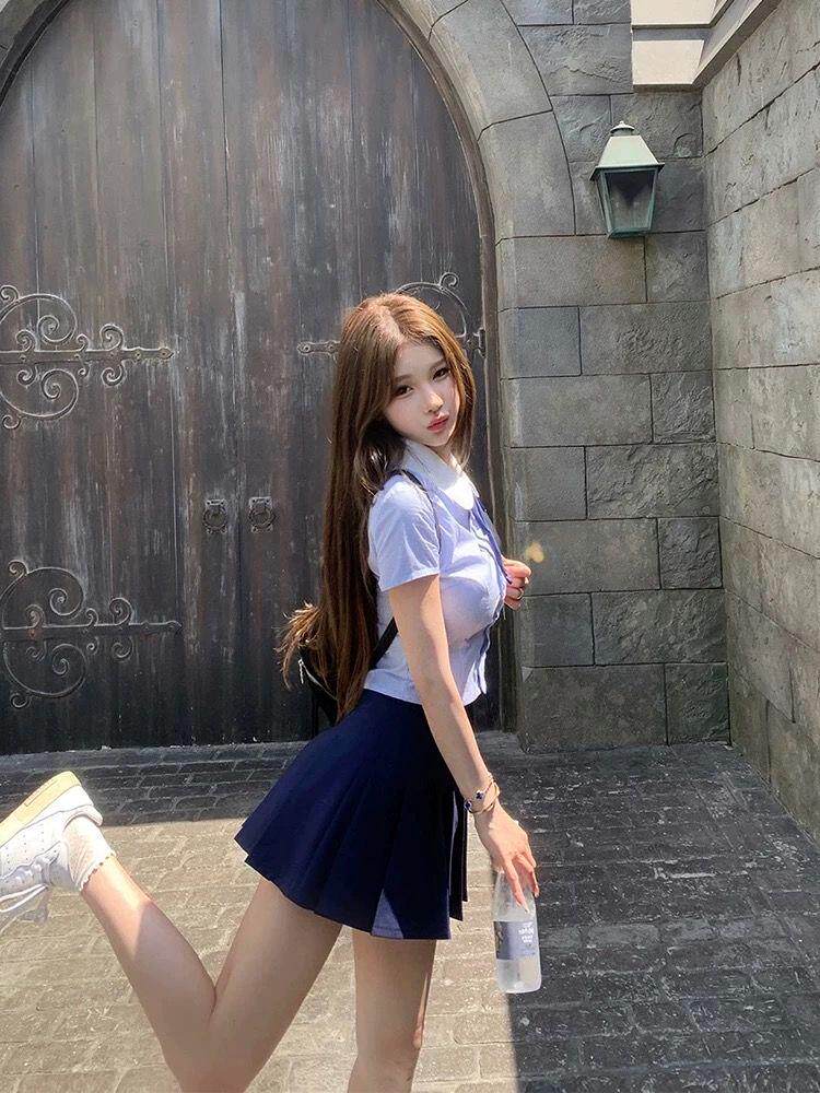 jk制服加工定制 蓝色学院风衬衫百褶裙套装女高级感jk上衣短裙两件套夏季2024新款