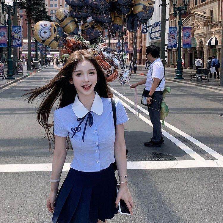jk制服加工定制 蓝色学院风衬衫百褶裙套装女高级感jk上衣短裙两件套夏季2024新款