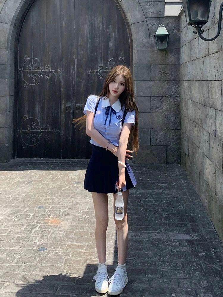 jk制服加工定制 蓝色学院风衬衫百褶裙套装女高级感jk上衣短裙两件套夏季2024新款