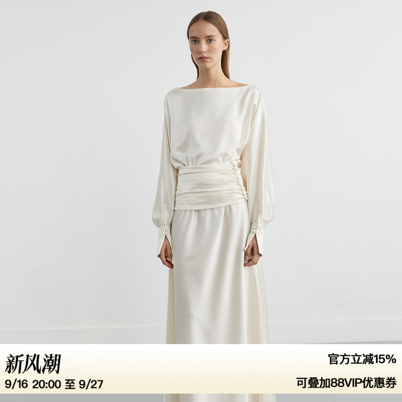 Ruthese Champagne-Colored Satin Acetate Off-Shoulder Dress for Women, Autumn Waist-Cinching Design, Straight Long Dress