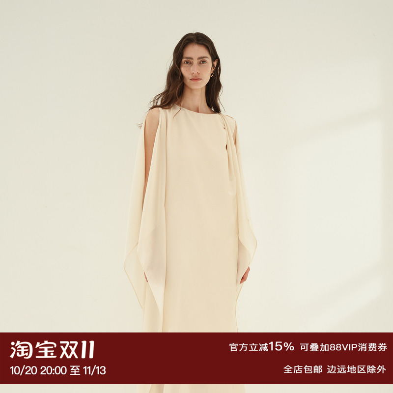 Ruthese Elegant Silk Acetate Dress for Women, Autumn Style, Asymmetrical Shawl, High-End Long Dress