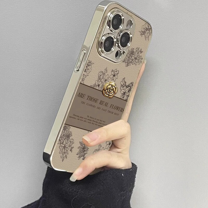 Three-Dimensional Camellia Phone Case Suitable for Apple 16 Pro Max, Lambskin Electroplating, Full Coverage, New Model 14 Pro Max, High-End Feel, 13 Retro, 12 Fresh and Light Luxury, 11 Couple Style, XS Trendy