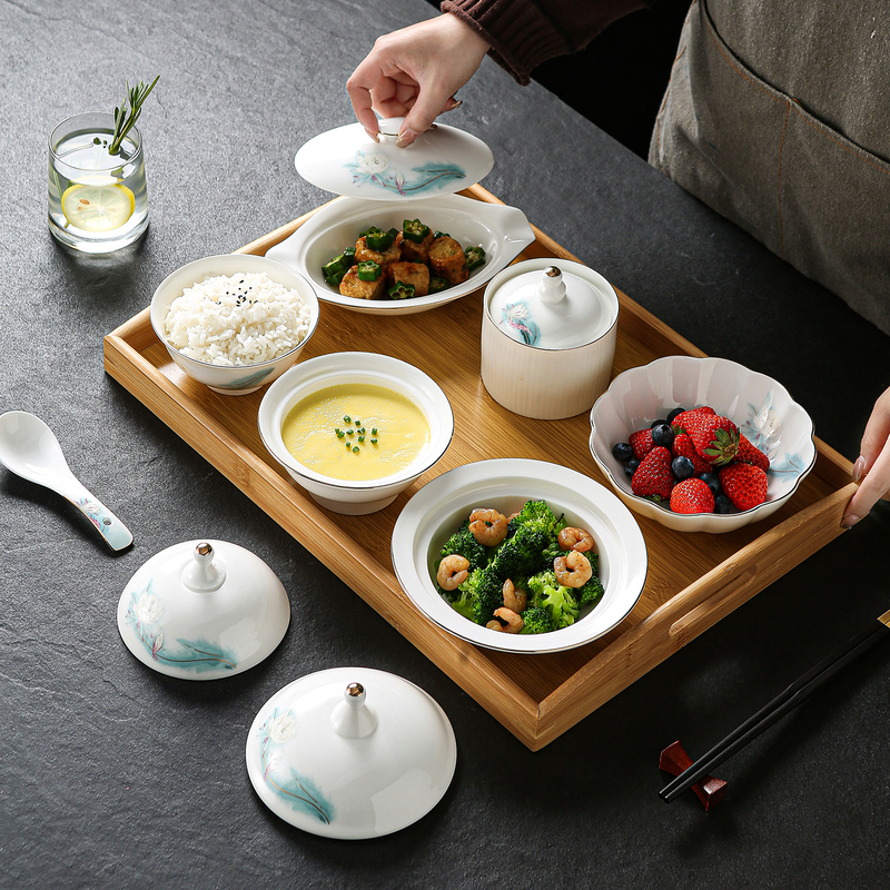 Chinese-Style Homestay Hotel Dinner Plates Postpartum Center Clubhouse Ceramic Tableware Home-Use Meal-Sharing Set with Wooden Tray Chinese-Style Homestay Hotel Dinner Plates Postpartum Center Clubhouse Ceramic Tableware Home-Use Meal-Sharing Set with Wooden Tray