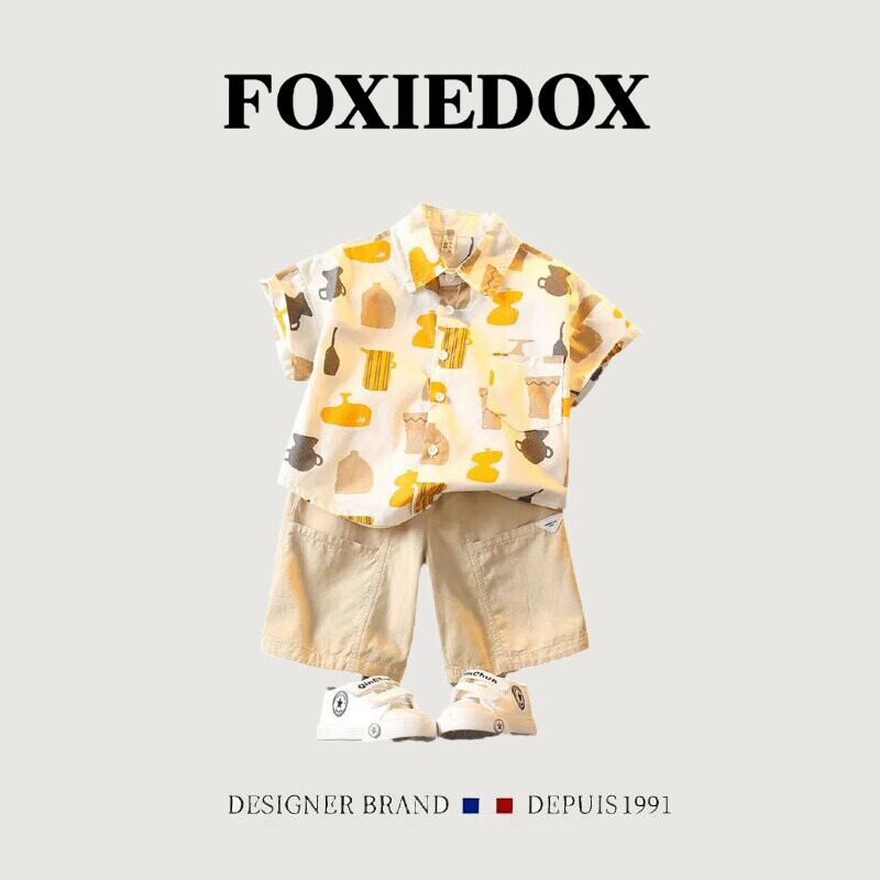 Французский костюм с короткими рукавами для мальчиков FOXIEDOX, детская летняя одежда в западном стиле, детская рубашка, летний тренд из двух предметов