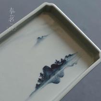 Purely hand-painted ancient blue and white pottery clay landscape tea tray pot holder coaster Kung Fu tea set single-layer dry brewing table
