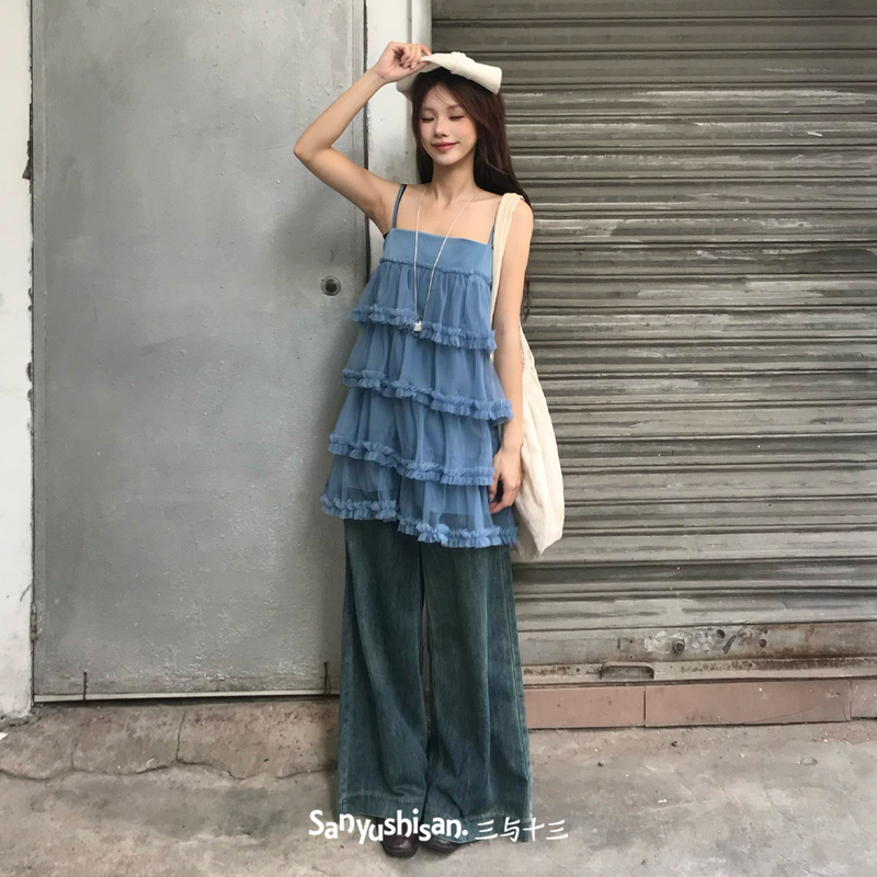 Three and Thirteen | Lanyu Cake | Summer Loose-Fitting Slimming Mesh Suspender Dress for Women with Double-Layer Design Three and Thirteen | Lanyu Cake | Summer Loose-Fitting Slimming Mesh Suspender Dress for Women with Double-Layer Design