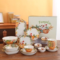 Bowl ins bowl plate combination household high-value pumpkin gift giving ceramic tableware set gift box