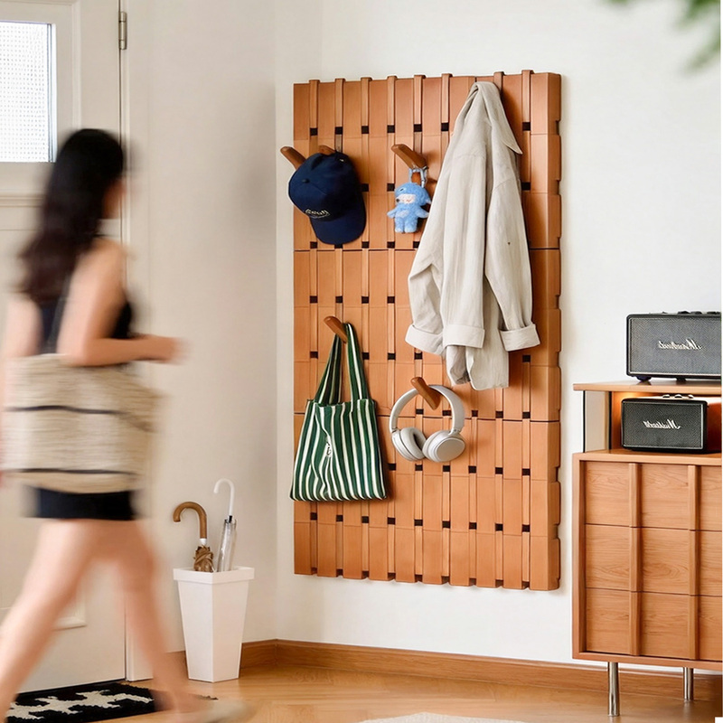 Cherry Wood Piano Key-Style Coat Rack Integrated Wall-Mounted Coat and Hat Rack with Pegboard Storage on the Door Wall Cherry Wood Piano Key-Style Coat Rack Integrated Wall-Mounted Coat and Hat Rack with Pegboard Storage on the Door Wall