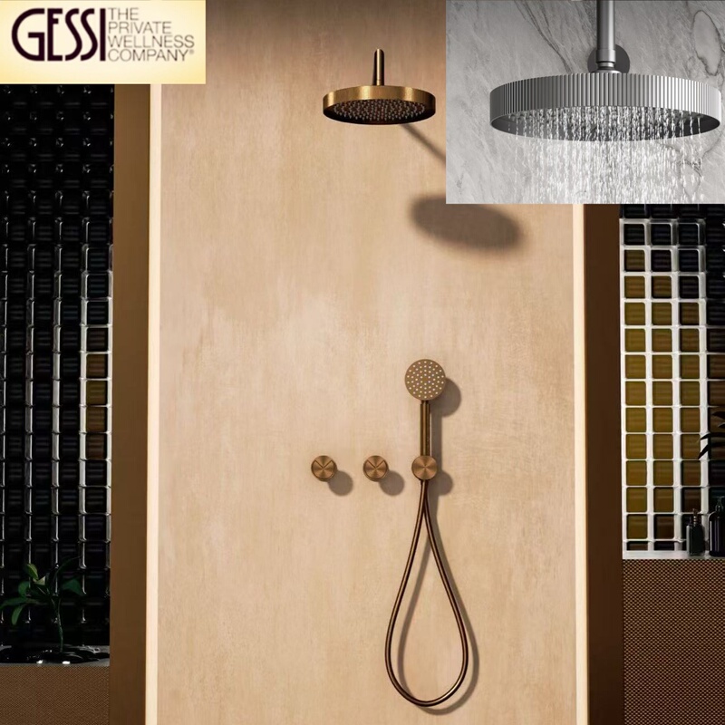 Italian Gessi Concealed Wall-Mounted Shower Set with Embedded Full Copper Brushed Nickel Hot and Cold Water