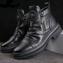 Mens Motorcycle Leather Boots British Style Round Head High