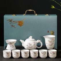 High-end tea connoisseur mutton-fat jade white porcelain Kung Fu tea set office home teapot cover bowl teacup ceramic light luxury