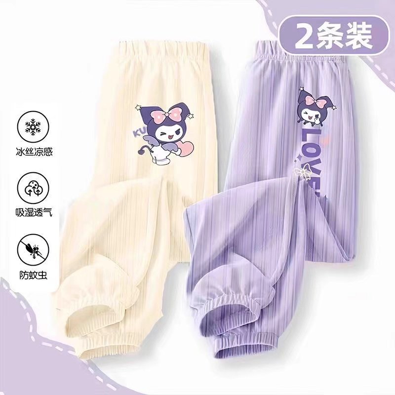 女の子用スタイリッシュなアイスシルク蚊よけパンツ、2024年新作サマースタイル、子供服、ジョガー風漫画ロミロングパンツ