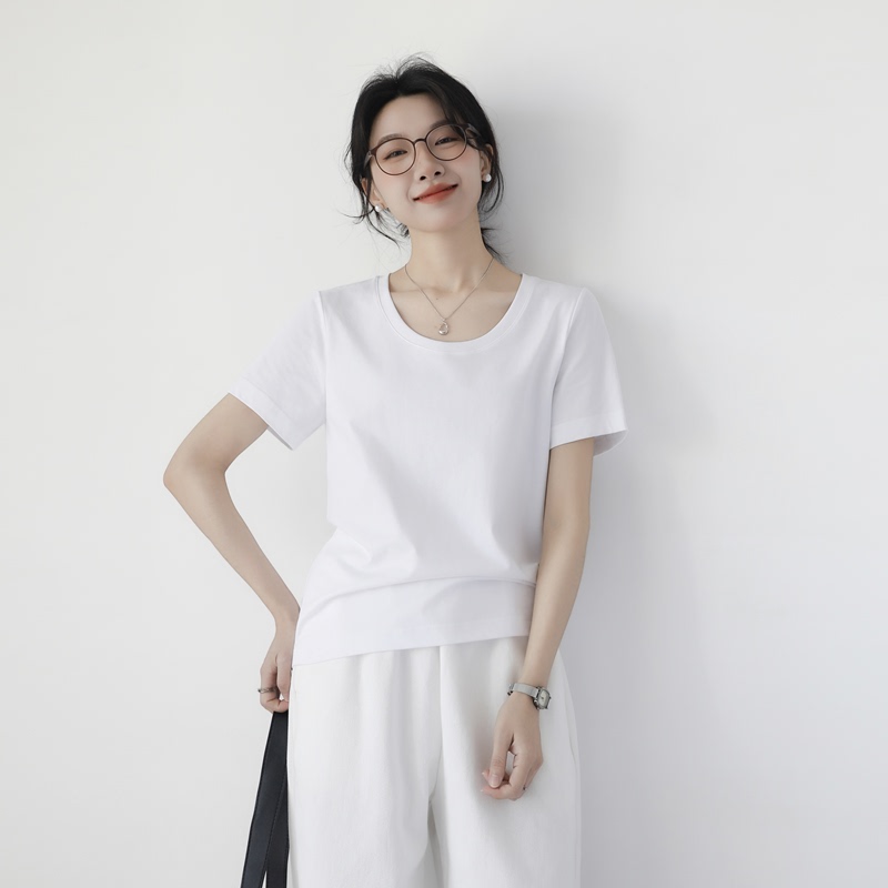 U-Neck Collarbone-Exposing T-Shirt for Women, Short-Sleeved, Regular Shoulder, Cotton, Loose Fit, Suitable for Commuting, Large Round Neck T-Shirt, Base Layer Top