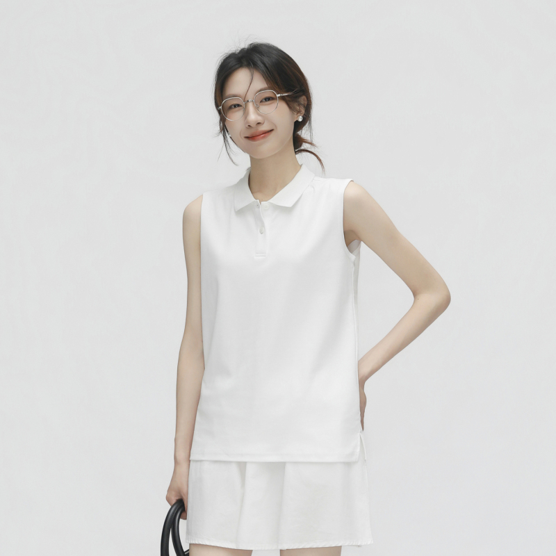 Roman Cotton Polo Collar T-Shirt for Women, Summer Sleeveless with Back Seam Design, Loose and Simple Commuter Vest Polo Shirt Top