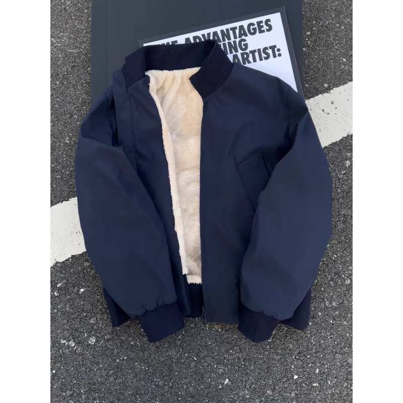 Navy Blue Pilot Stand-Up Collar Jacket, Men's Winter Three-Proof Lamb Wool Baseball Jacket, American-Style Regular Shoulder Coat
