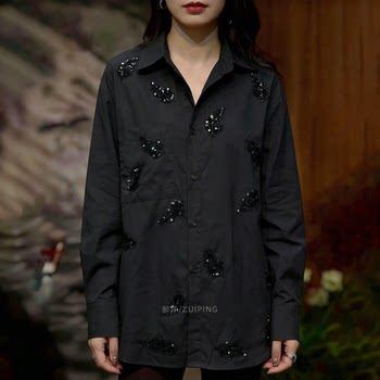 (in Stock) Casual Lazy Style Black Embroidered Long-Sleeve Shirt with Loose Lapel and Sequins, New Spring 2026 Model