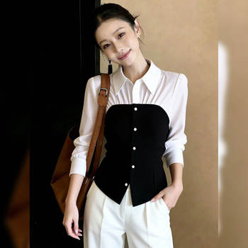 (in Stock) Slim-Fit, Stylish, Chic, Everyday Commuting Black and White Faux Two-Piece Top for Women, 2026 Spring Long-Sleeve Shirt