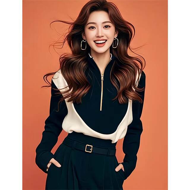 Korean-Style Chic Black and White Color-Blocking Half-Zip Sweatshirt, New Early Autumn Model, Cool and Stylish, Super Attractive and Stylish Top