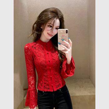 (in Stock) Red Lace Shirt for Women, 2026 Spring Collection, Light Luxury, High-End, Unique, Beautiful, Super Stylish French-Style Top