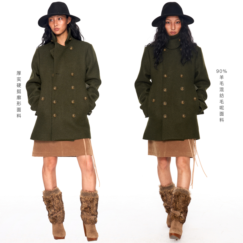 Nydkyel 90% Wool Material, Antique Bronze Embossed Anchor Button Decoration, Classic Navy Double-Breasted Wool Coat