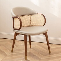 Simple wabi-sabi style rattan chair curved soft-covered backrest solid wood dining chair light luxury retro home backrest leisure chair