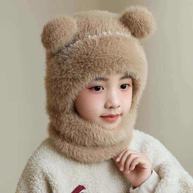 Children's All-In-One Hat Autumn and Winter Plush Hat and Scarf Set for Boys and Girls, Warm Baby Windproof Ear Protection Hooded Hat